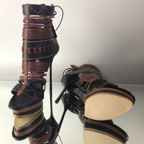 DSQUARED2 Leather Laces Strappy Embroidered Heels - Picture 8 of 11